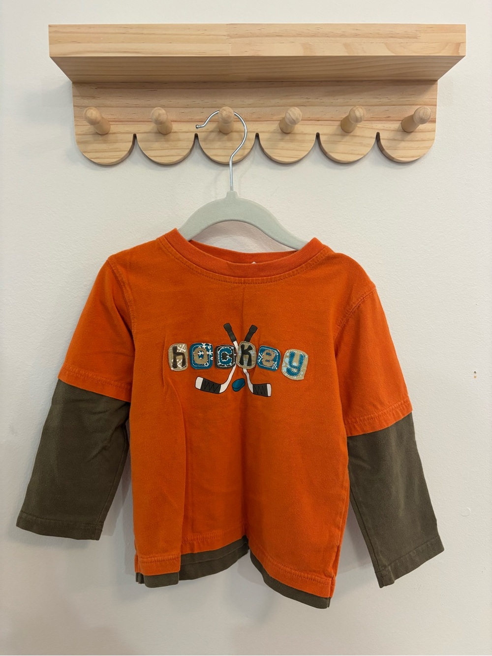 Kids Orange Layered-Look Hockey Graphic Long Sleeve Tee